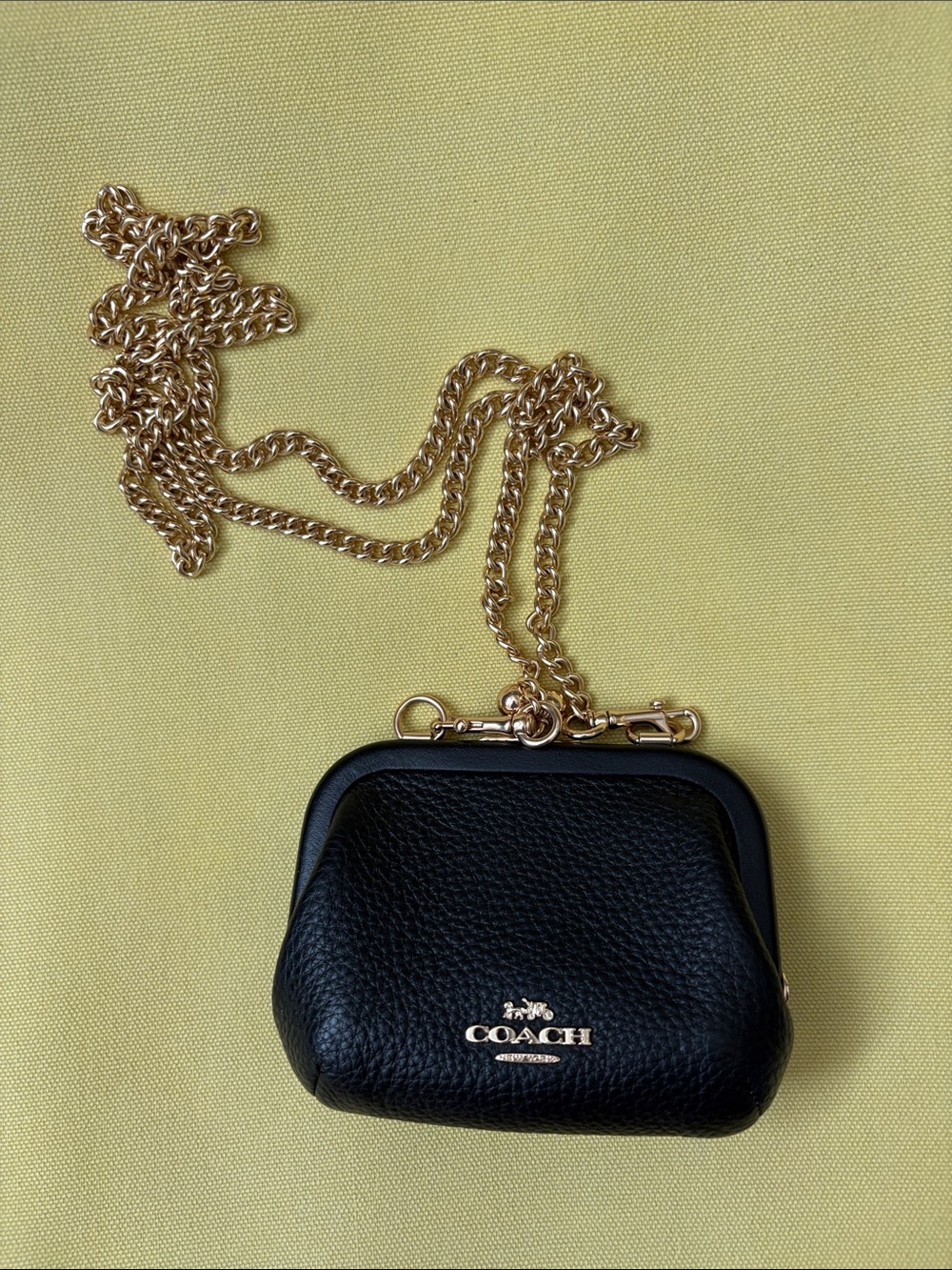 COACH Nora mini Black Pebbled Leather Chain Coin Purse